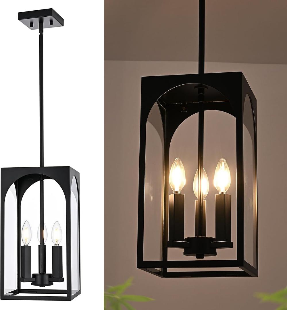 3 Lights E12 Outdoor Pendant Lighting Fixture in Black Finish Finish, Farmhouse Hanging Lantern Chandelier with Clear Glass Shade for Porch Entryway Hallway