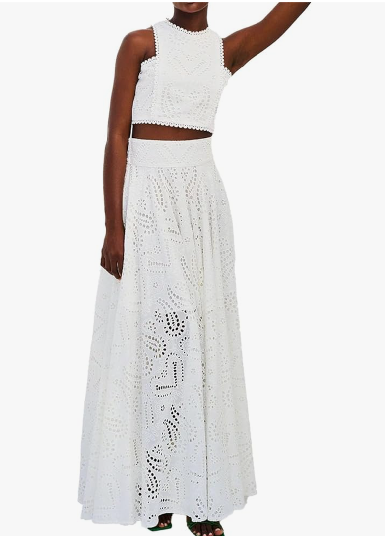 Women's Lace Eyelet 2 Piece Skirt Set Sleeveless Crop Tops Long Trendy Embroidery Flowy Swing Party Club Skirt Set, White,M