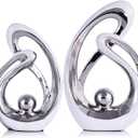 Home Decor Accent,Porcelain Art Mid Century Bookshelf Decorations,Gold Centerpieces for Tables,Abstract Ceramic Statue Sculpture for Coffee Table Mantel Tv Stand Centerpieces (White Silver, Large)