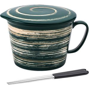 Ramen Bowl Set with Chopsticks, Unique Instant Ramen Noodle Bowls with Lid, 29 OZ Large Ceramic Soup Bowls with Handle, Japanese Ramen Cooker, Microwave safe (Green)