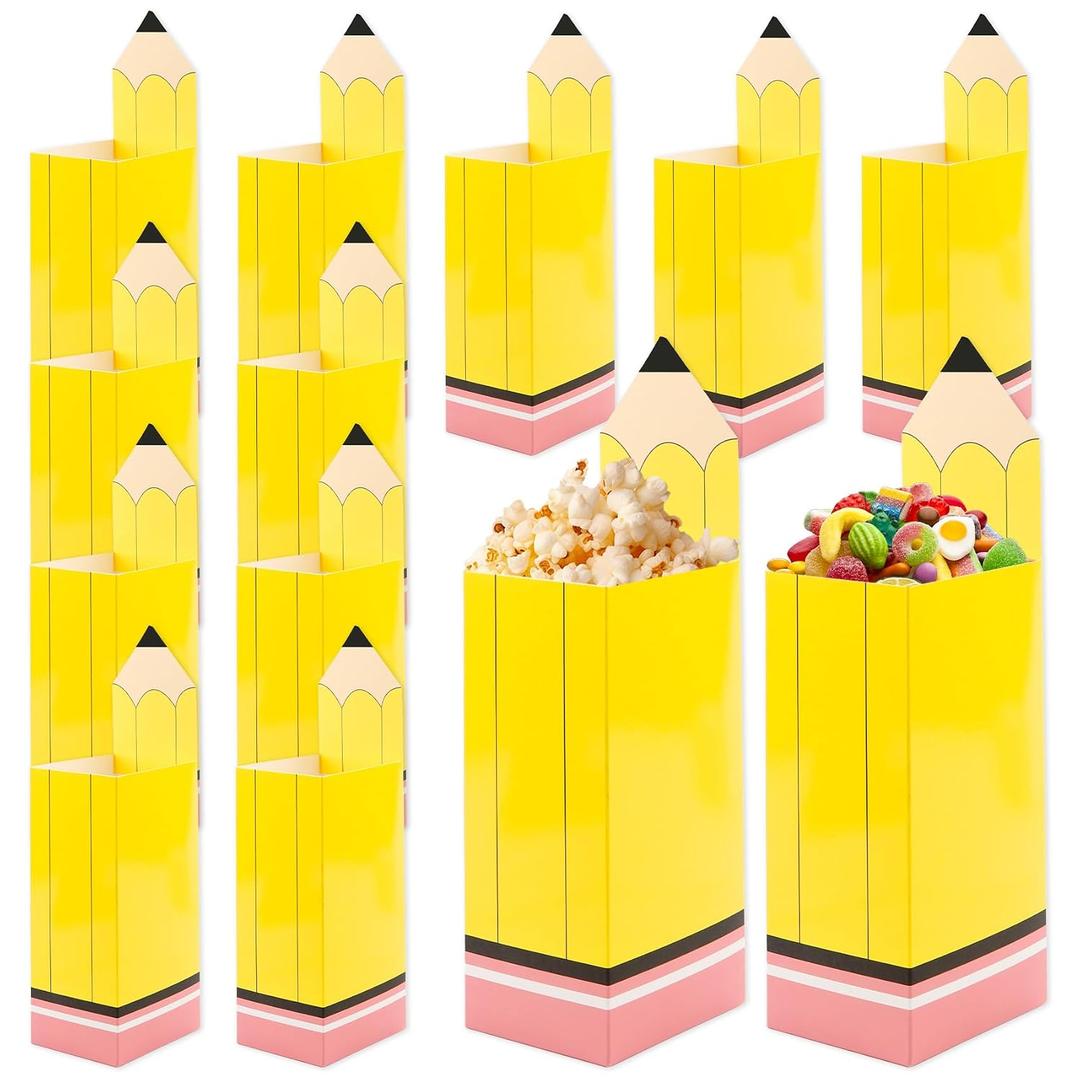 12 Pcs School Theme Party Popcorn Boxes Treat Candy Goodie Boxes Pencil Shape Cardboard Popcorn Bucket Containers for School Treacher Classroom Party Supplies