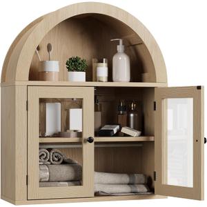 ChooChoo Arched Wall Cabinet with Acrylic Doors, Bathroom Cabinet Wall Mount Over The Toilet with Display Shelf, Wooden Storage Cabinet for Kitchen, Living Room or Entryway, Natural