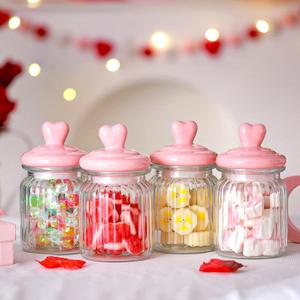 4 Pcs 16 oz Valentine's Day Glass Candy Jars Clear Valentines Containers with Ceramic Heart Lid Cute Decorative Storage Jars for Cookie Chocolate Nut(Pink, Classic Heart)