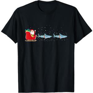 Shark Santa Christmas Sleigh - Funny Shark Xmas T-Shirt, S