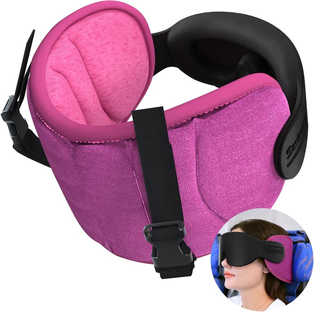 SARISUN Travel Pillows for Airplanes, Airplane Pillow for Long Flight, Airplane Head Strap with Eye Mask for Sleep, Travel Neck Pillow for Car Road Trip, 360 Support Headrest, Stop Bobblehead, Pink