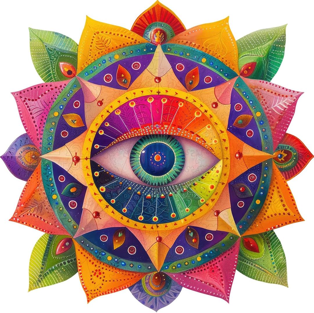 Mys Aurora Mandala Evil Eye Wooden Puzzles for Adults - Spiritual Design for Meditation & Home Decor - Family Game Gift Idea - 200 Piece Jigsaw Puzzle, 11.2'' x 10.8''