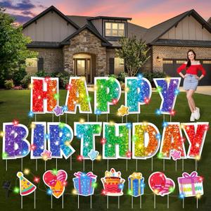 25 Pcs Extra Large 19.7 Inch Happy Birthday Yard Signs with Solar LED Light Glitter Rainbow Birthday Lawn Signs with Metal Stakes Waterproof Outdoor Decorations for Garden Party