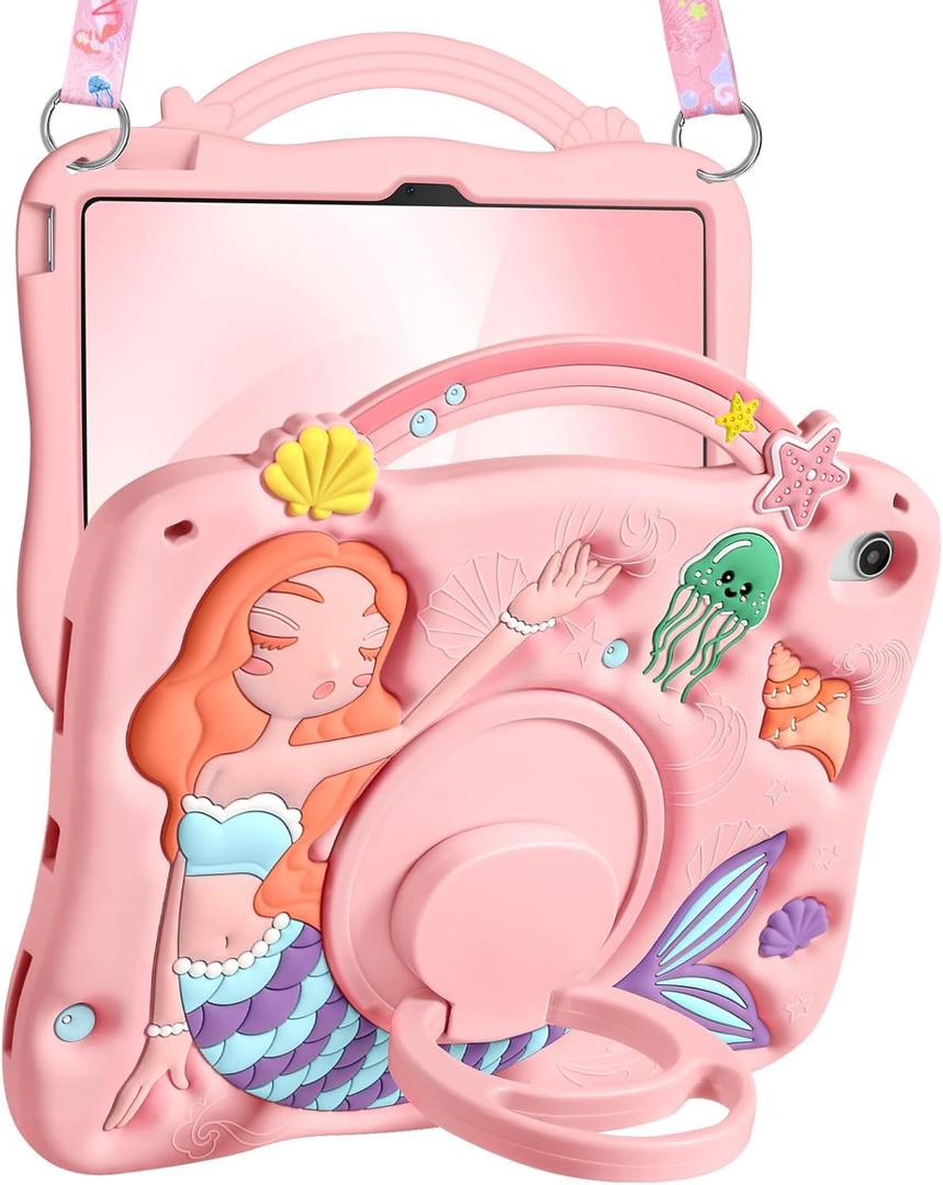 Boaretiu for iPad 10th Generation Case - Girls Teens Cute Cartoon Pk Mermaids 10.9 Inch 2022 Tablet Cover with Strap & Rotating Stand Soft 3D Silicone Funda for iPad 11th 11 Inch 2025 (Pink)