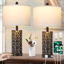 Cinkeda Vintage Lamp for Living Room Set of 2,Rustic Retro Bedside Nightstand Lamps with 2 USB Ports & AC Outlet,Touch Control Industrial Desk Lamp for Bedroom Entryway,Black with Bronze Bruch