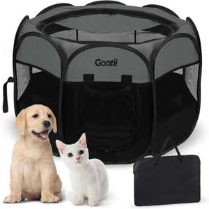 Goozii Portable Dog Playpen for Medium Dogs, Collapsible Pet Cat Kitten Puppy Playpen Indoors Outdoors with Zipper Top Cover (Medium Size, Grey-Black)