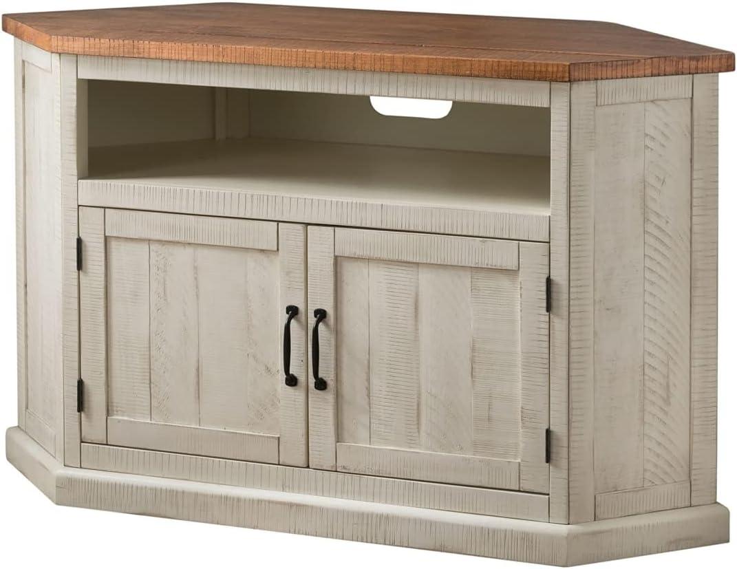 Martin Svensson Rustic Solid Wood TV Stand - Antique White and Honey Tobacco Finish - Hexagonal Shape and Farmhouse Design Entertainment Center with Shelves Included