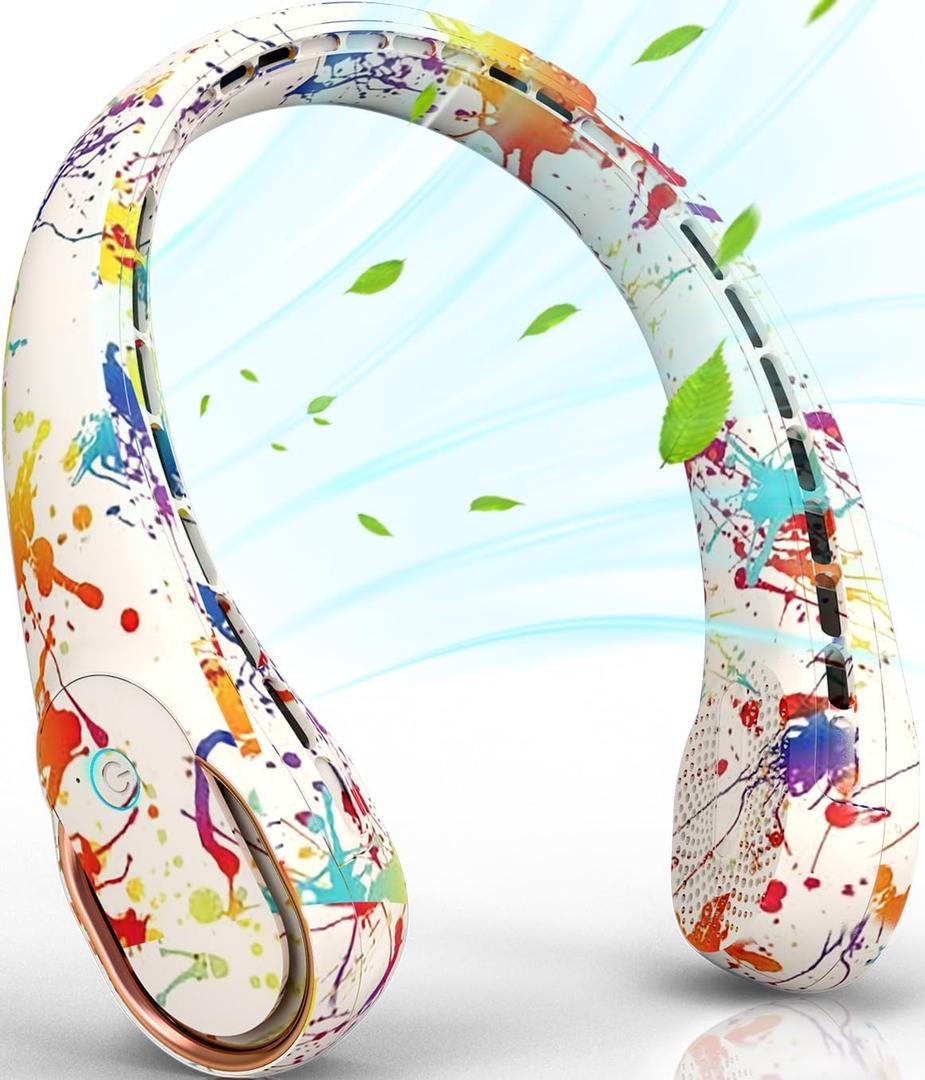 FrSara Neck Fan, Portable Fan Strong Wind, Adjustable, 360 Cooling, Super Quiet, No Blade Fan Design, No Hair Twisting, Even Air Volume On Both Sides, Non-Slip Material, Short Charging, Long Use Time (White Graffiti)