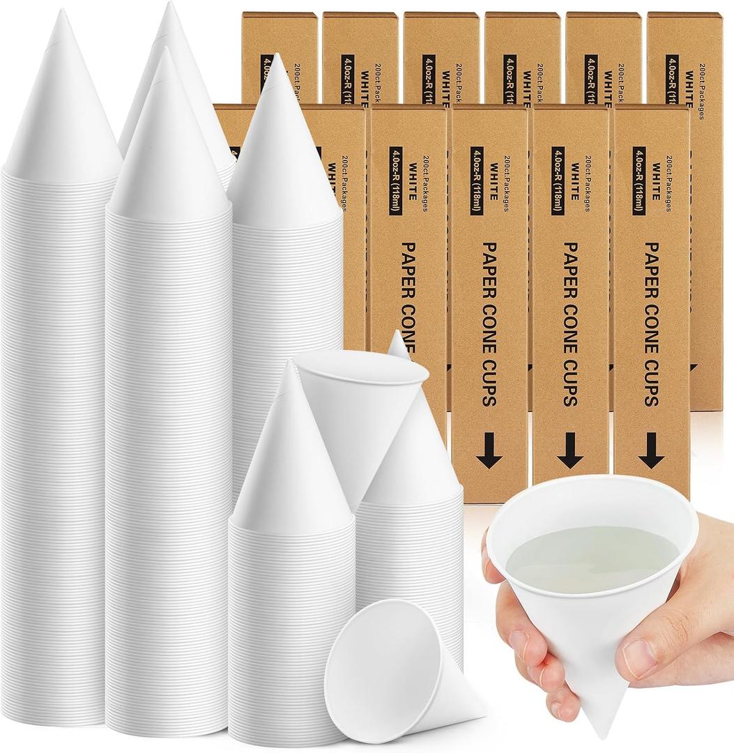 Roshtia 2400 Pcs Paper Cone Cups Thicken Disposable Cone Cups for Shaved Ice, Slushies Water Cooler Dispenser, White (4 oz)