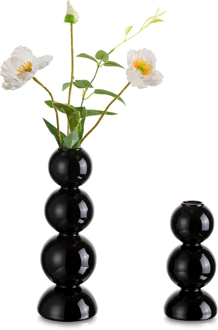 Glass Bubble Vases for Flowers, Hewory 2pcs Black Unique Cute Single Flower Vase for Centerpieces, Funky Aesthetic Vase Skinny Bud Vase, Cool Groovy Decor for Home Living Room Bedroom Office Tabletop