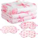 Fanfanwin 6 Pcs Sleepover Party Supplies for Girls, 3 Blanket and 3 Plush Eye Mask Covers for Sleeping Slumber Sleepover Spa Party Birthday Christmas Valentine Gifts(Bow,Pink), Queen