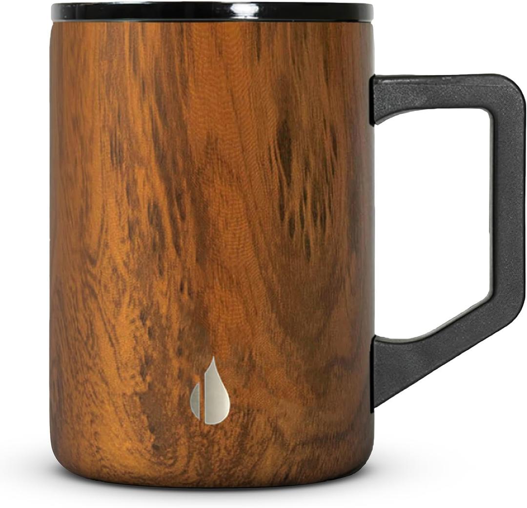 Elemental Insulated Coffee Mug - Triple-Wall Stainless Steel Summit Travel Cup for Hot and Cold Drinks - Thermal Coffee Mug with Lid and Handle for Camping, Office & Travel 16oz - Teakwood