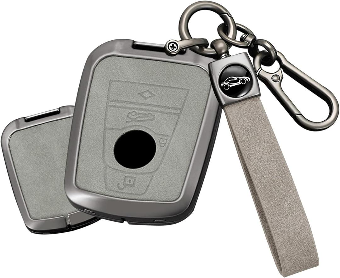SANRILY Metal Leather Smart Key Fob Cover Case Compatible with BMW i3 2014-2020 i8 BMW i Keyless Key Shell with Keychain Gray