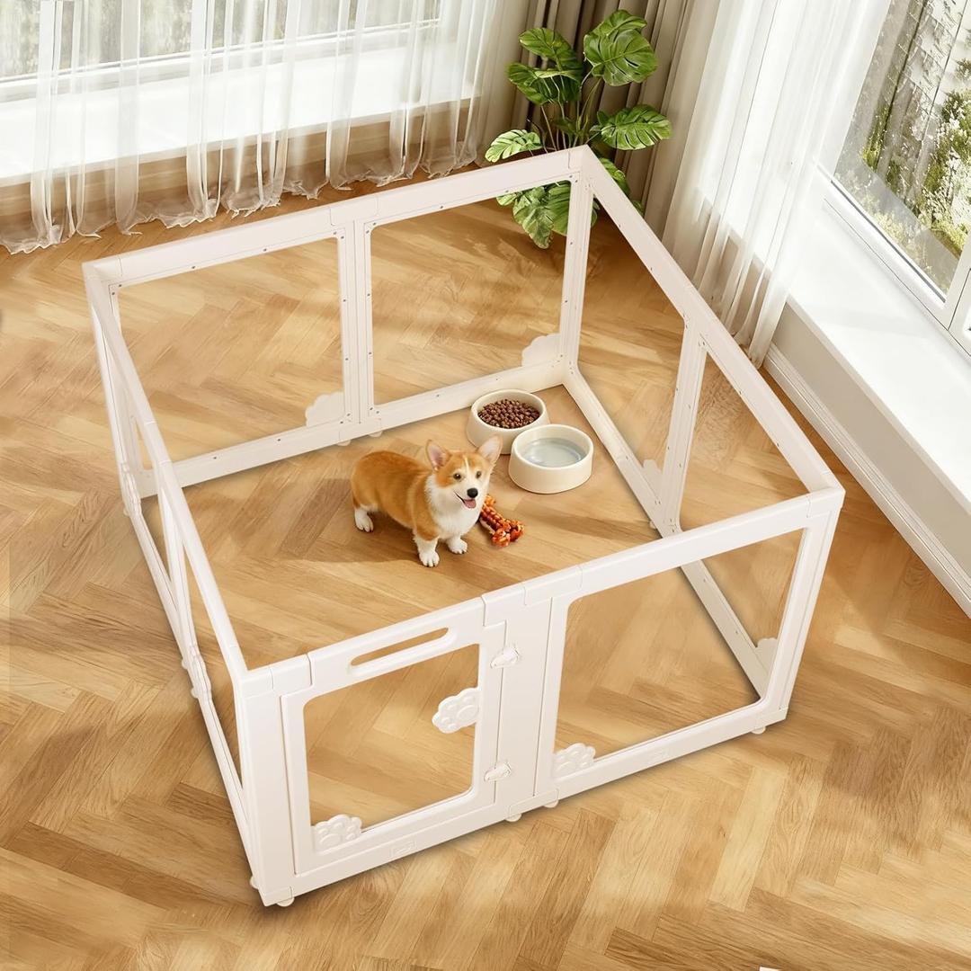 Clear Acrylic Dog Playpen Indoor with Door - Easy to Assemble Foldable Pet Playpen for Small Dogs, Cats, Rabbits, Ferrets - Small Animal Whelping Crate Kennel Fence (8)
