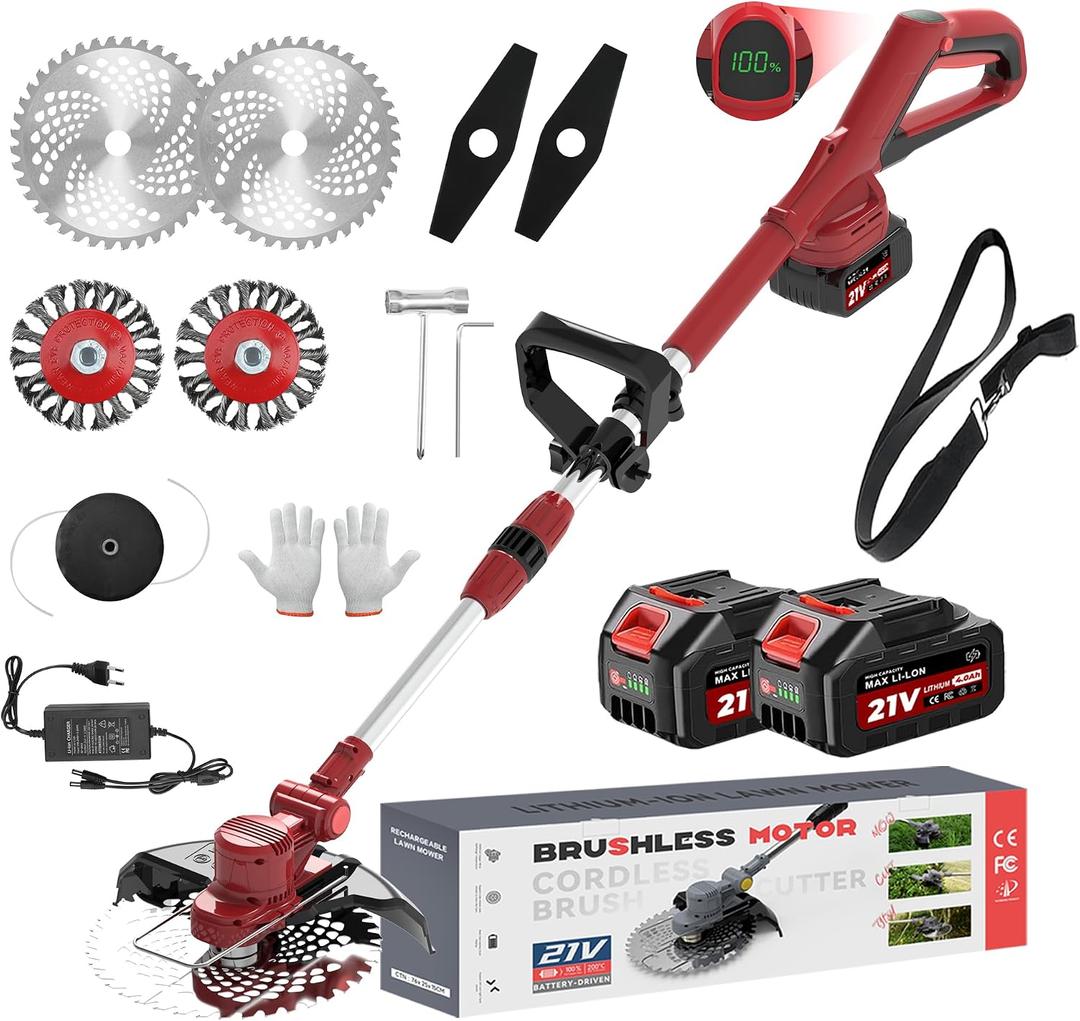Weed Wacker - Electric Weed Cordless Eater, Foldable and Lightweight Grass Trimmer/Brush Cutter. (with 2 x 4.0Ah Batteries and Fast Charger Included)Red