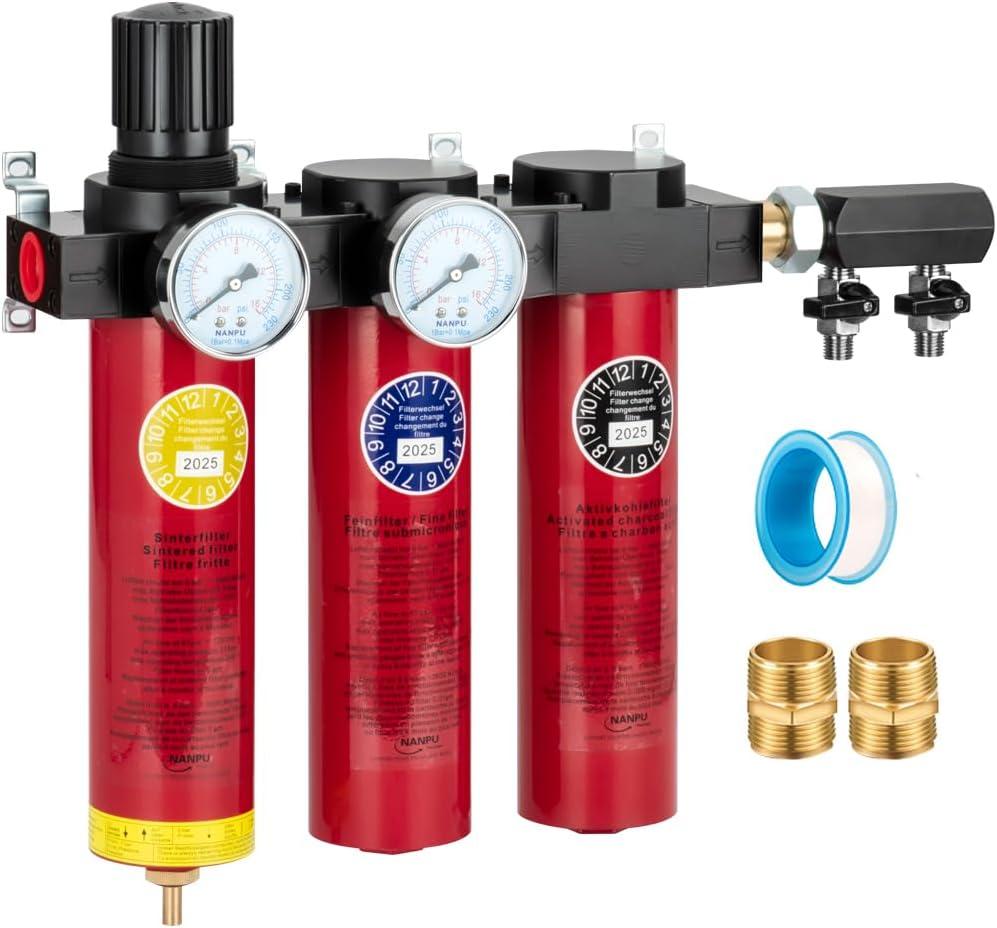 NANPU Z Series 3-Stage Air Filtration System - Sintered, Fine, & Charcoal Filters, 3/4" NPT Inlet, 1/4" NPT Outlet Module, 0-230 psi Gauge, 127 CFM @ 6 bar, Metal Housing, Heat Resistant to 248F