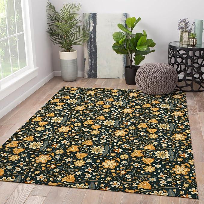 Rustic Rugs Vintage Small Area Rug for Living Room Bedroom Kitchen Dark Botanical Boho Floral Pattern Machine Washable Non Slip Throw Carpet for Entryway Coffee Table Yellow Flower Area Rugs 4x6ft