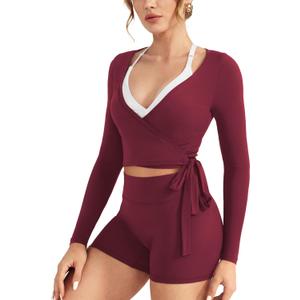 VOYJOY Women Ballet Wrap Top Long Sleeve Shirt Blouses Y2K Workout Gym Active Adjustable Tie Shirt Tops (Purple, L)