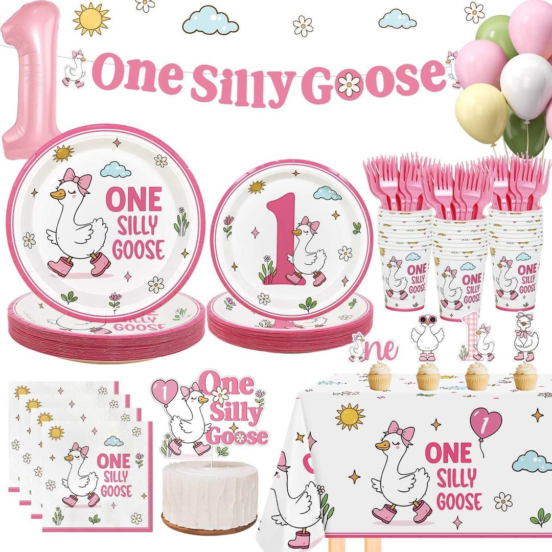 One Silly Goose Birthday Decor Girl Plates Set, Silly Goose First Birthday Decorations for Girl Balloons Banner Plates Napkins Cups Forks Tablecloth 25 Guests