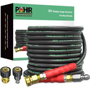 POHIR 3/8" Pressure Washer Hose 50 FT for Cold and Hot Water Max 248F with Quick Connect, 4800psi Kink Resistant Industry Grade Steel Wire Braided Synthetic Rubber Jacket with 2 M22 14mm Adapter Set
