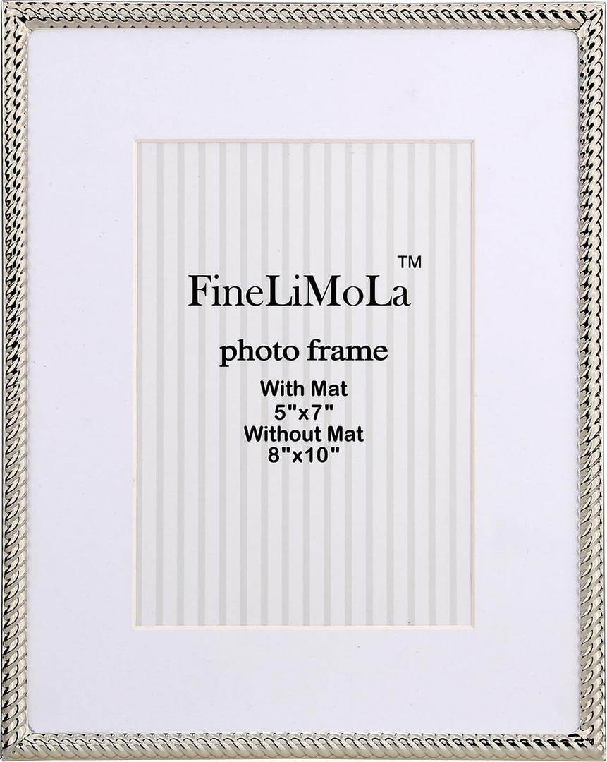 8x10'' Silver Rope Design Metal Picture Frames With Acid Free Mat for 5x7'',Silver Photo Frame 7x5'' for Desktop Display Or Wall Hanging,Hi Quality Velvet Backing and Real Glass Front.