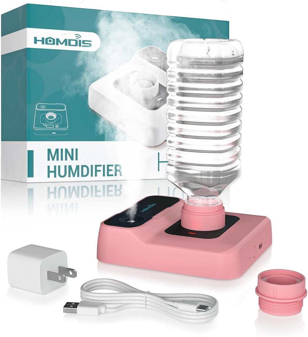 Travel Humidifier, Portable Small Humidifier for Plants, Bedroom, Office, Hotel or Car, 5000mAh Battery Operated Mini Cool Mist Humidifiers, Quiet 23dB, Auto-off, Night Light and BPA-Free, Pink