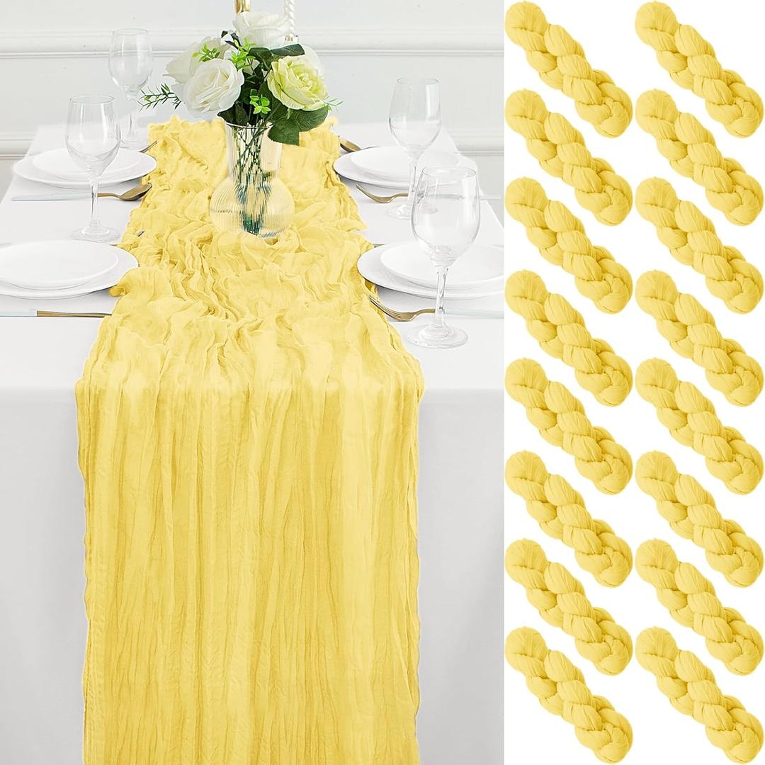 16Pack Light Yellow Cheesecloth Table Runner 10FT Yellow Gauze Table Runner 35x120Inch Long Boho Spring Easter Table Runners Rustic Sheer Table Runners for Wedding Baby Bridal Shower Decor