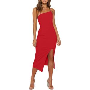 Owin Women's Adjustable Spaghetti Straps Sleeveless High Waist Split Midi Bodycon Cocktail Party Dress (Red, S)