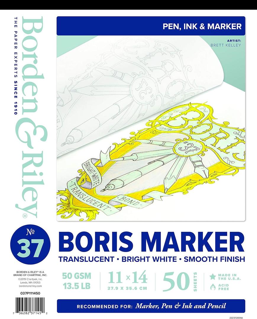 Borden & Riley 11" x 14" #37 Boris Marker Layout Bright White Translucent Bond Paper Pad, 50 GSM/13.5 LB, 50 Sheets, 1 Pad Each (037P111450)