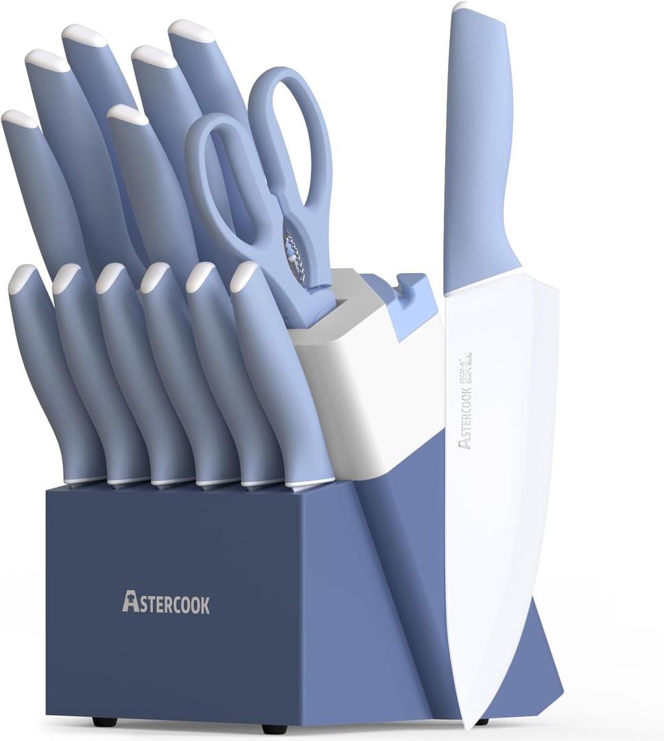 Astercook Kitchen Knife Set with Block and Sharpener 15 Piece Ceramic Coating German High Carbon Stainless Steel Knives Sharp Blade Dishwasher Safe Knife Block Set with Ergonomic Handle, Delicate Blue