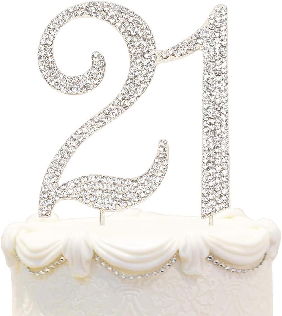 Bling Crystal Rhinestone 21 Birthday Cake Topper - Best Keepsake | 21st Party Decorations Silver