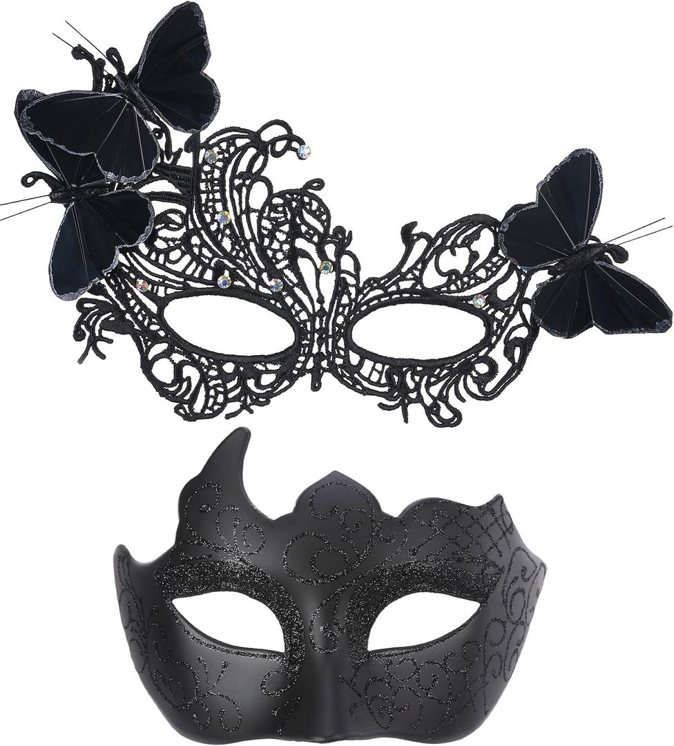 Zinniday Masquerade Masks for Couples - 2 Pcs Feather Butterfly Lace Mask and Plastic 2026 Venetian Masks for Womenb Men