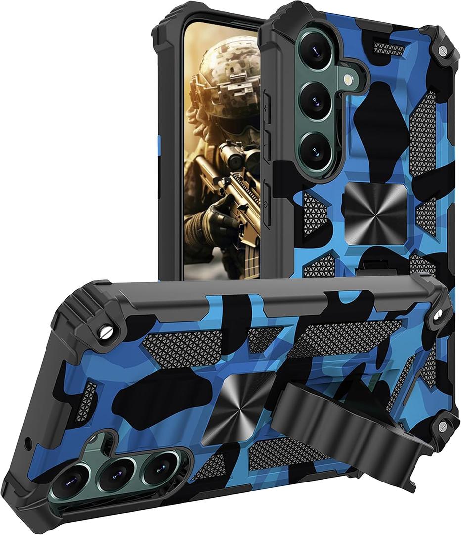 for Samsung Galaxy S24 FE Camouflage Case with Hidden Kickstand, Military Grade Shockproof Phone Cover for Men, Heavy Duty Rugged Protective Case for Samsung S24 FE MC Blue