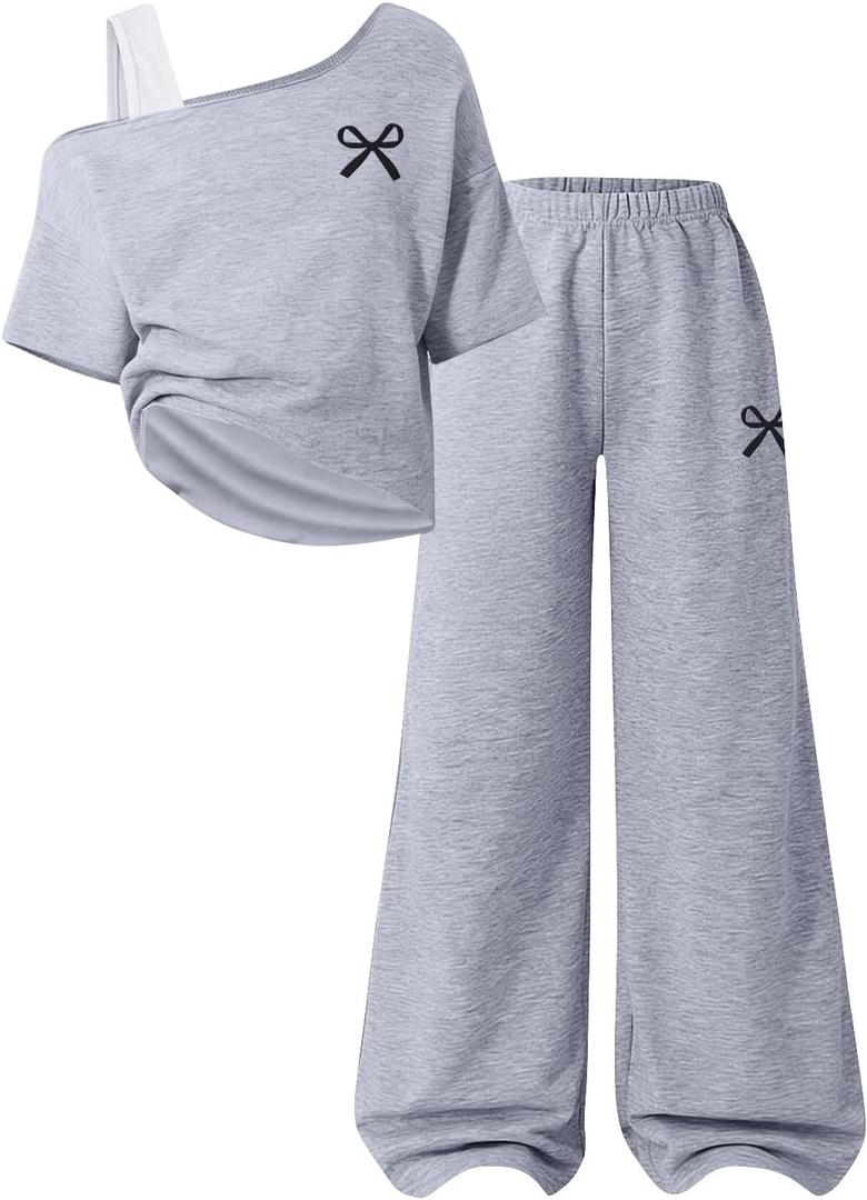 Teen Girls Clothes Off the Shoulder Top and Wide Leg Pants Matching Outfit Set with Pockets (Gray, M)