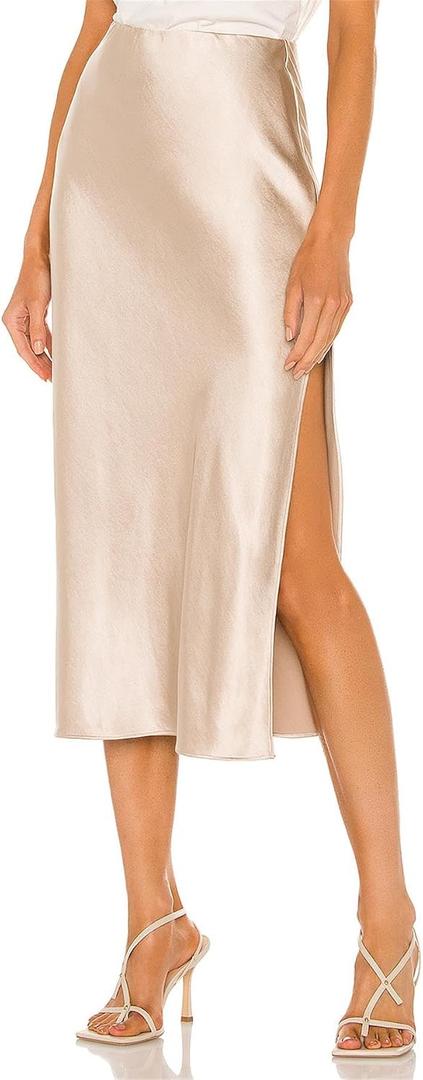 BOMAROLAN Women's Satin Midi Skirt High Waist Solid Silky Skirts for Women Elasticized Waistband A-Line Slit Midi Skirts (Beige, XL)