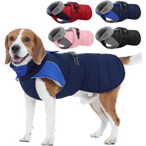 Nanaki Warm Fleece Lined Dog Coats Vests for Winter Waterproof, Furry Collar Dog Jacket with Leash Hole, Reflective Pet Snow Jacket Suit for Outdoor Walking Hunting,Easy On Puppy Coat Beagle, Blue L