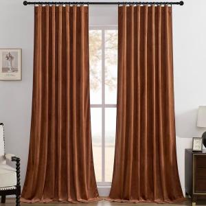 Timeper Burnt Orange Pleat Back Tab Velvet Curtains W62 x L84 inches 2 Panels, Room Darkening Solid Home Decor Curtains for Bedroom Living Dining Room Thermal Insulated Luxury Super Soft Window Drapes