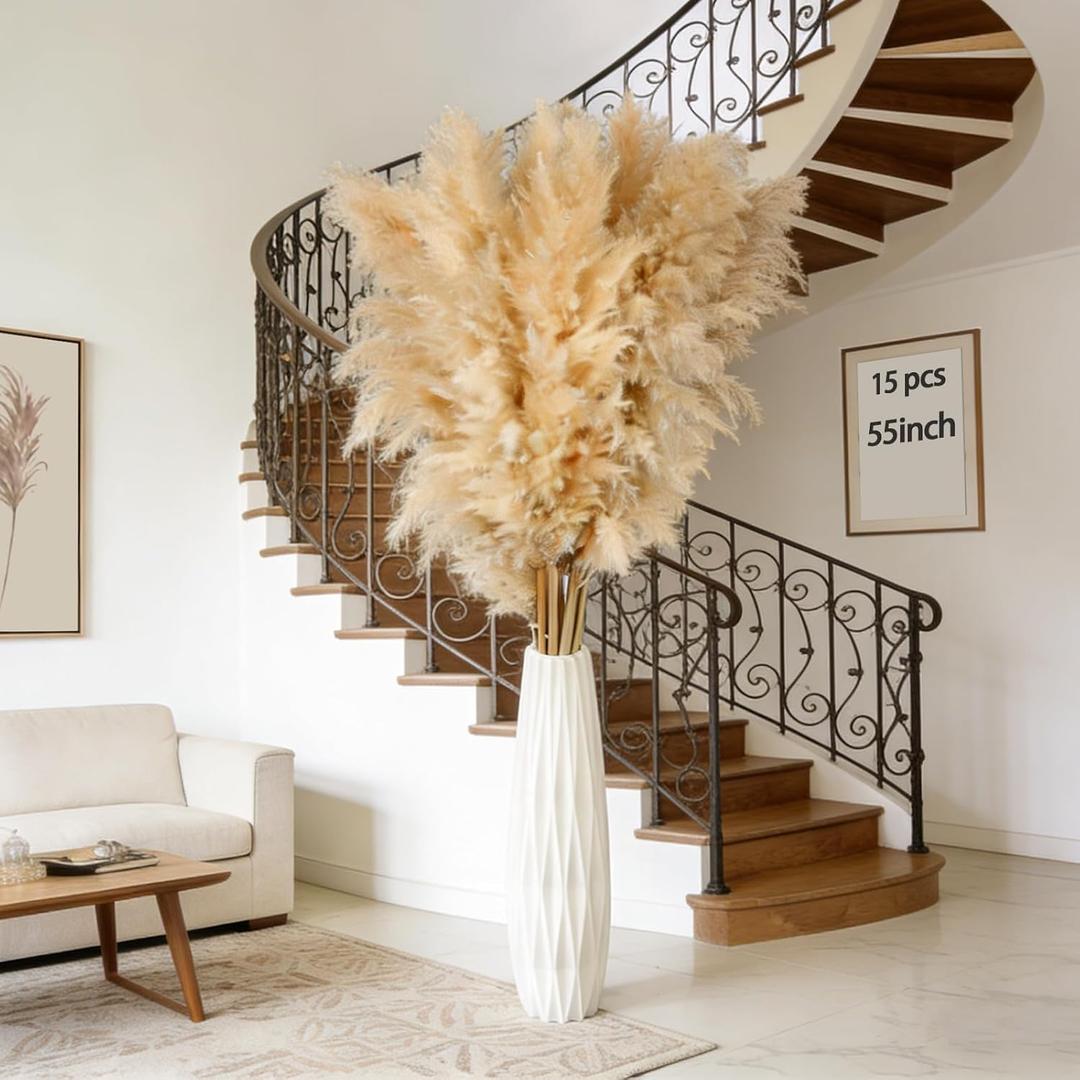 55inch 15pcs Tall Pampas Grass for Floor Vase-Dried Pampas Grass Decor Tall Brown Large Pompas Grass Floral-Long Fluffy Pompas Grass for Living Room,Farmhouse,Entryway,Wedding and Boho Home Decor