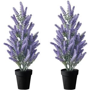 40cm/15.74in Set of 2 Artificial Lavender Plants Potted Fake Flocking Flower Bonsai Plastic Wedding Folower Faux Tree in Pot Real Touch Purple Plants for Gift Home Office Indoor Decor (Lavender)