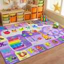 Kids Rugs for Playroom Bedroom Classroom Nursery, Non-Slip and Washable Rugs for Children Toddlers Girls, Educational and Fun Rug Carpets with ABC Alphabet Animals Shapes, 5x7, Purple