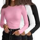 Ficerd 3 Pack Women's Ribbed Long Sleeve Tops, Crew Neck Slim Fit Undershirts Knit Basic Casual Stretch Layering Tee Shirts (Large, Black, White, Pink)