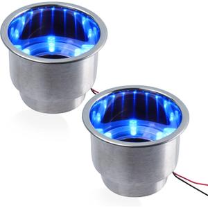 2PCS Boat Cup Holder, Stainless Steel Boat Cup Holder Insert, Blue Led Cup Holder Lights for Boat with Drain, 12V Waterproof Polished Drink Holder, Yeti Cup Holder for Marine, Boat, RV, Camper
