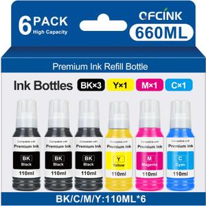 Replacement for Epson 502 522 High Capacity (6 Bottles) Ink Refill Bottles Replacement for Epson 502 522 Ink Use for EcoTank ET-3760 ET2760 ET2750 ET-4760 ET-2850 ET-15000 ST-4000 ST-2000
