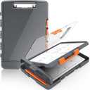 Sooez Original Clipboard with 2 Storage & Pen Holder, Heavy Duty Clip Boards 8.5x11 with Dual Storage, Clearview Dry Erase Coach Clipboard with Real Hinge, High Capacity, School & Office Supplies (Gray + Orange)