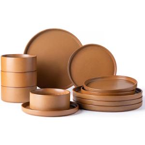 LERATIO Ceramic Dinnerware Sets for 4, High Edge Stoneware Plates and Bowls Set, Chip and Crack Resistant | Oven & Dishwasher & Microwave Safe Dishes Set, Service for 4 -Caramel LERATIO Ceramic Dinnerware Sets for 4, High Edge Stoneware Plates and Bowls Set, Chip and Crack Resistant | Oven & Dishwasher & Microwave Safe Dishes Set, Service for 4 -Caramel