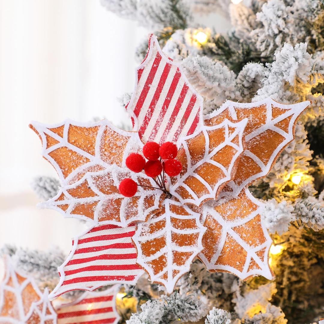 Thiccywoov 10 Pcs Large Gingerbread Poinsettia Christmas Decorations 9.8" Jumbo Gingerbread Flowers Tree Picks Ginger Bread Christmas Tree Ornaments for Xmas New Year Wreath Garland Home Vase Decor